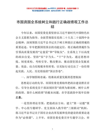 市国资国企系统树立和践行正确政绩观工作总结